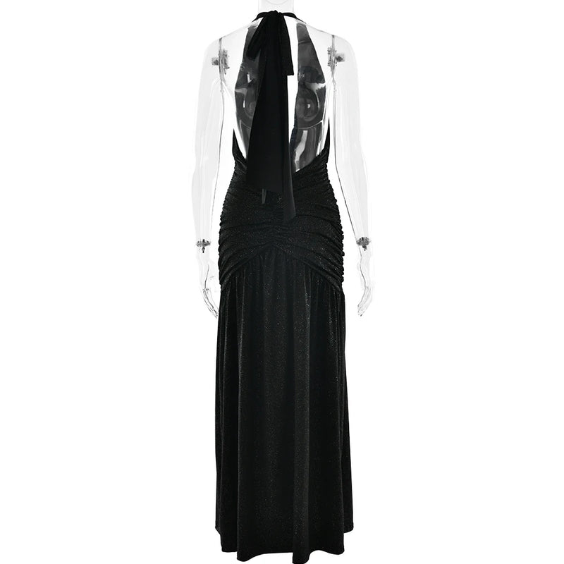 JULISSA MO Glitter Bright Silk Deep V-neck Women Maxi Dress Khaki High Slit Halter Dress Spring Slim Elegant Party Evening Dress