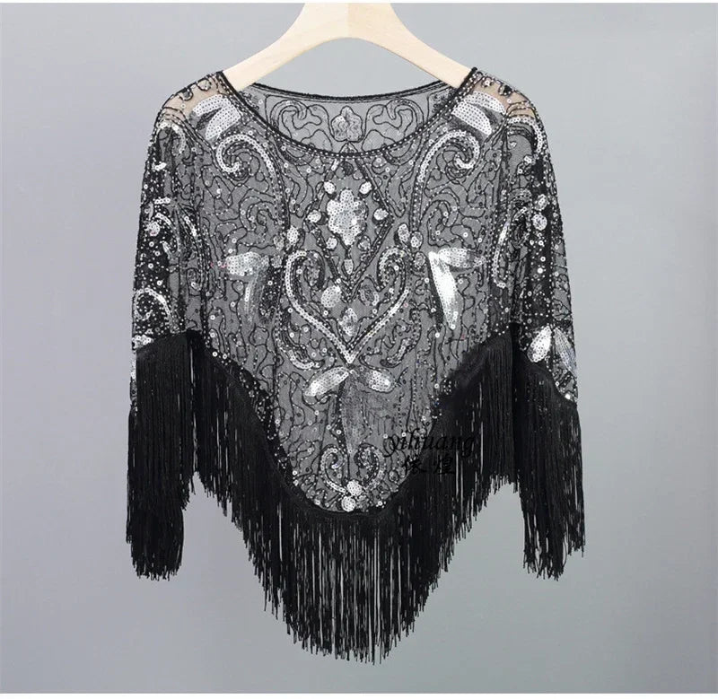 Summer Sequins Tassels Poncho Women Coat Party Outfits Cape Mesh Jacket Ladies Cloak Shawls Casaco Outerwear Wraps Woman Clothes