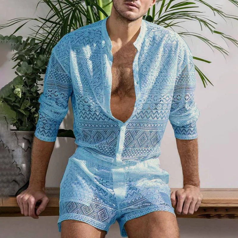Conjunto de moda masculina vazado sexy renda shorts padrão estampa camisa duas peças ternos moda elegante