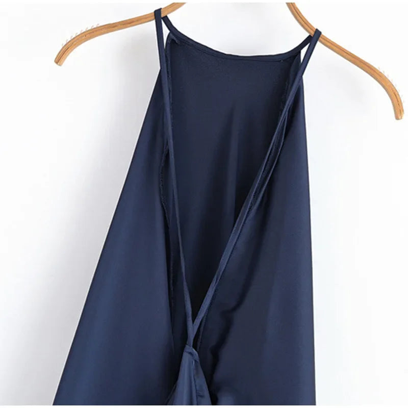 Elegant Satin Halter Backless Maxi Dress Women Loose Pleated O-neck Sleeveless Party Dresses 2026 Summer Lady Chic Holiday Robes