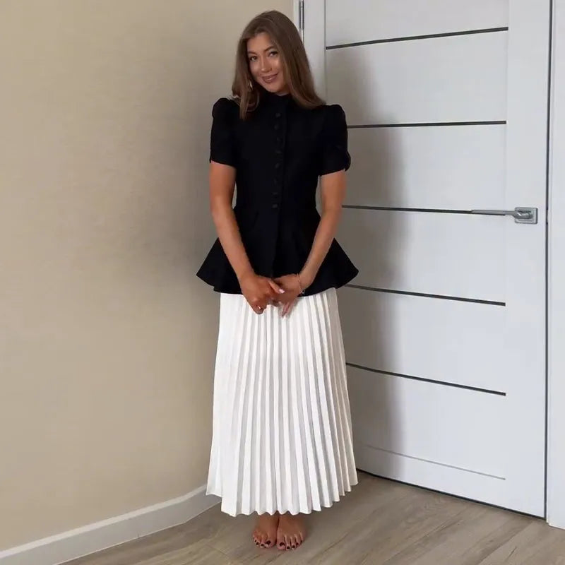 Elegant Short Sleeve Waist Single Breasted Top Pleated Midi Skirts Fashion A Line Skirt Set for Women 2026 Spring Female Outfits