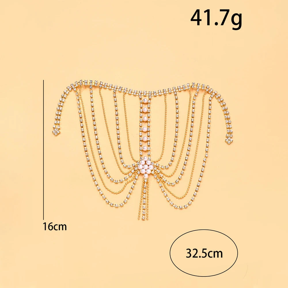 Multilayer Rhinestone Tassel Shoulder Chain Lingerie Accessories 2026 Fashion Round Pearl Bridal Body Chain Top Wedding Jewelry