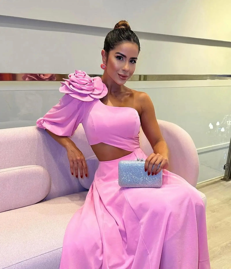 Women's Maxi Dress Appliques With Flower Sloping Shoulder Single Sleeve Waist Large Dress Women's Evening Wedding Midi Dress