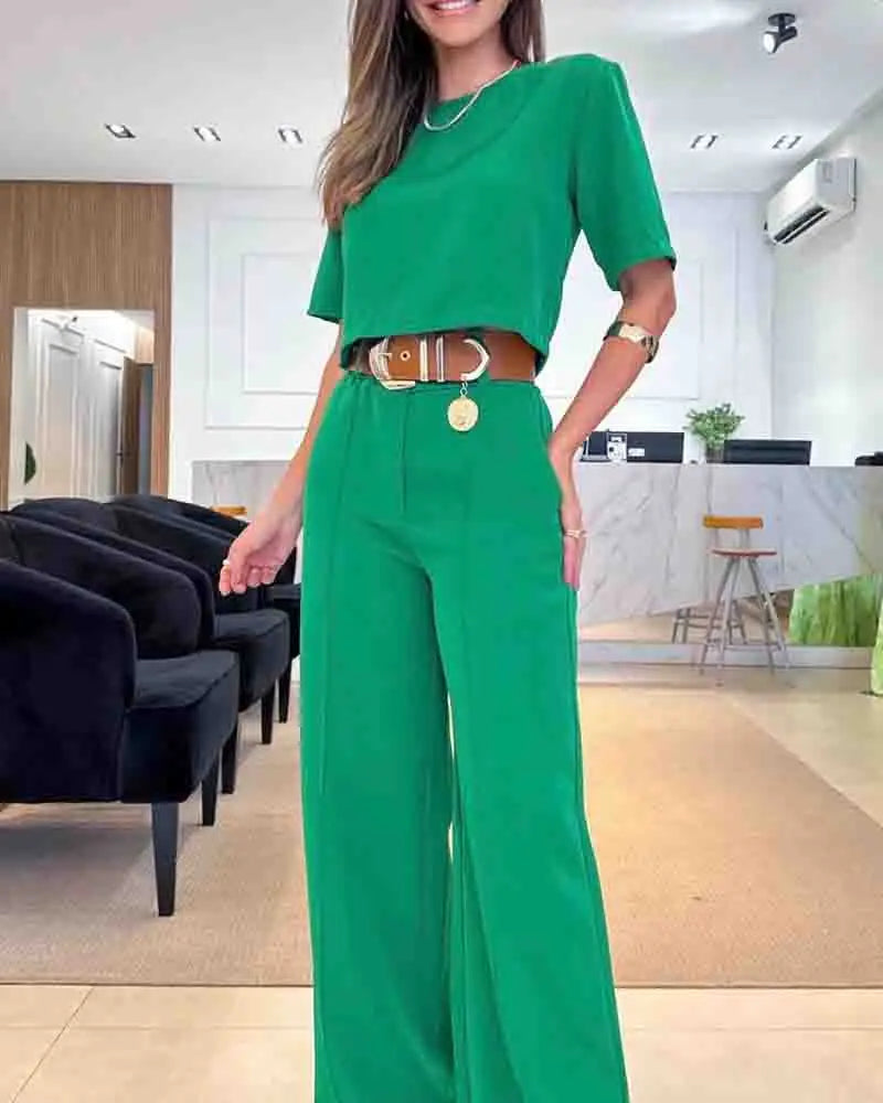 Casual Fashion Women Half Sleeve Crop T-shirt Wide Leg Pants Set Summer Femme Office Lady Two Pieces Suit Set Workwear Outfits