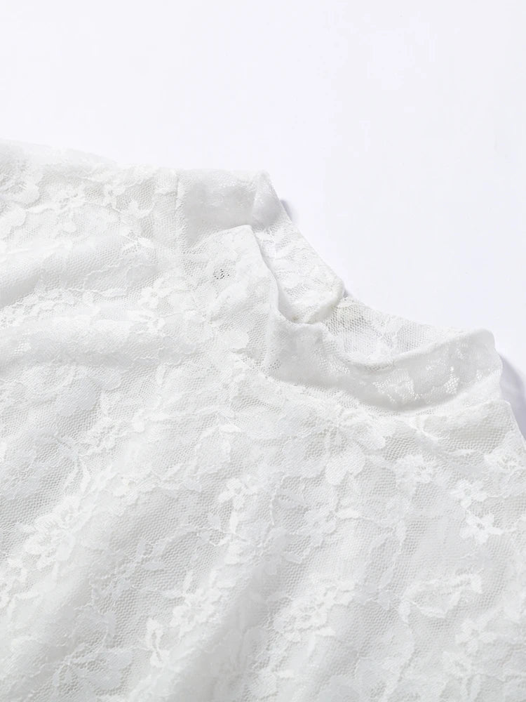 Women Floral Sheer Top Lace Two Piece Set High Neck Cape Sleeve Cropped High Waist Pants See-Through Flared Trousers Summer Wear