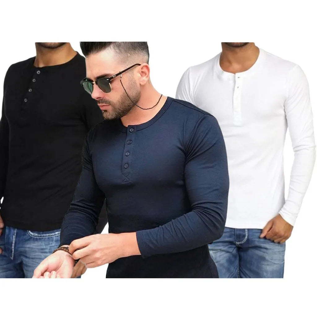 KIT COM 3 Camisetas Henley J Prata Slim Fit Manga Longa 4 Botões