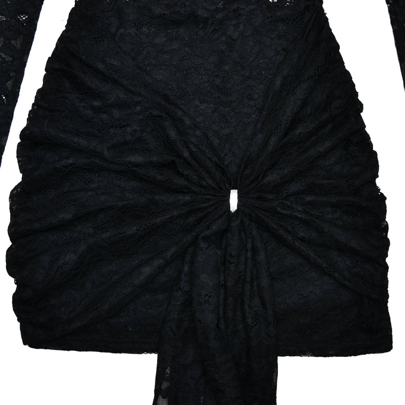 Fantoye Sexy See Through Lace Bandage Women Dress Black Long Sleeve Print Floral Dress Female Winter Slim Elegant Party Dresses