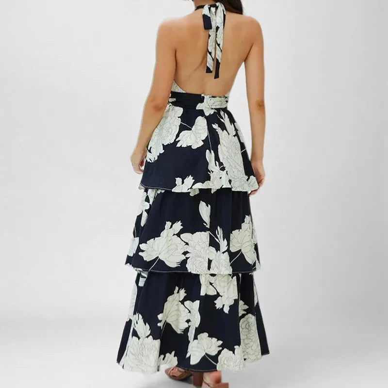 2025 Summer Fashion Printed Long Dresses Woman Sexy Sleeveless Cross Halter Hollow Shoulder Backless Dress Elegant Party Dresses