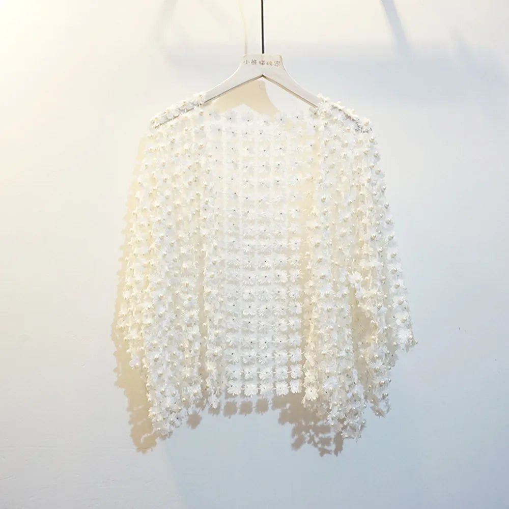 Women Beads Coat 2025 Summer Style Women Perspective Shawl Fashion Hollow Out Lace Boleros Short Sleeve Coats Jackets Femal