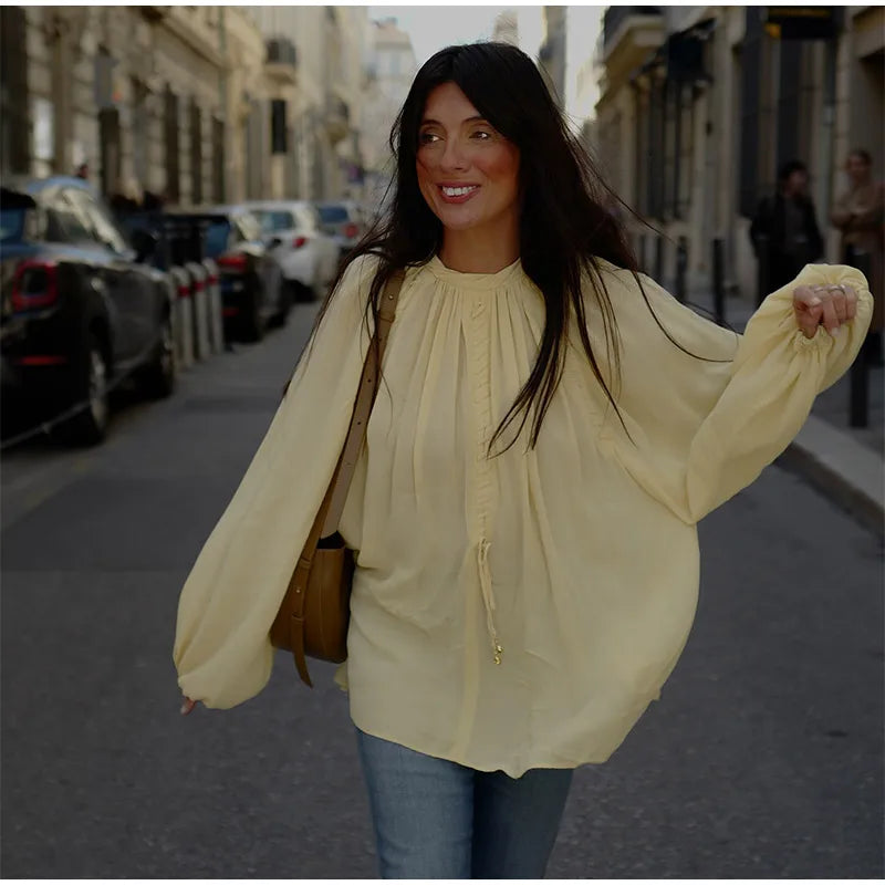 Blusa de chiffon com babados e manga comprida, blusa feminina casual solta, gola V, manga comprida, blusa de rua, primavera/verão 2025