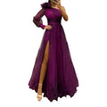 Elegant Women Evening Dress 3D Flower Pleated Mesh Banquet Dress Long Sleeve Waist A-line Floor Slit Hem Ball Gown Dress Robe