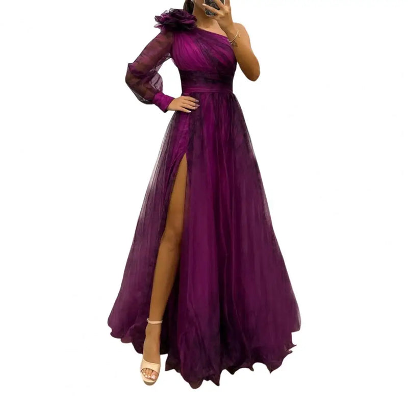 Elegant Women Evening Dress 3D Flower Pleated Mesh Banquet Dress Long Sleeve Waist A-line Floor Slit Hem Ball Gown Dress Robe