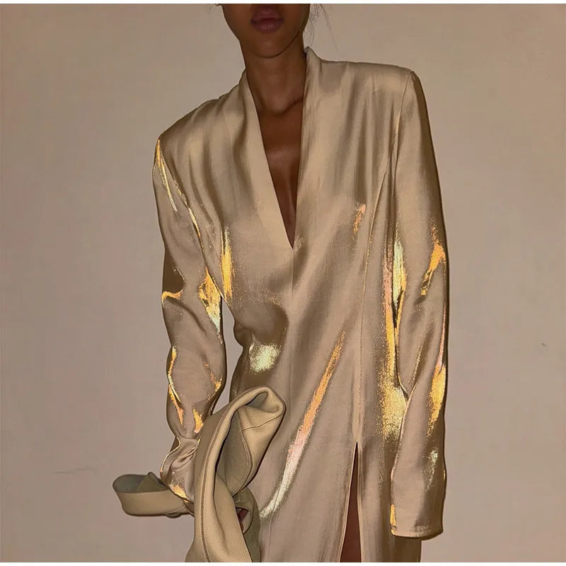 Fashion Solid Shiny Laser Color Splicing Long Dress Chic V Neck Full Sleeves Split Maxi Dresses Spring Women New Party Vestidos