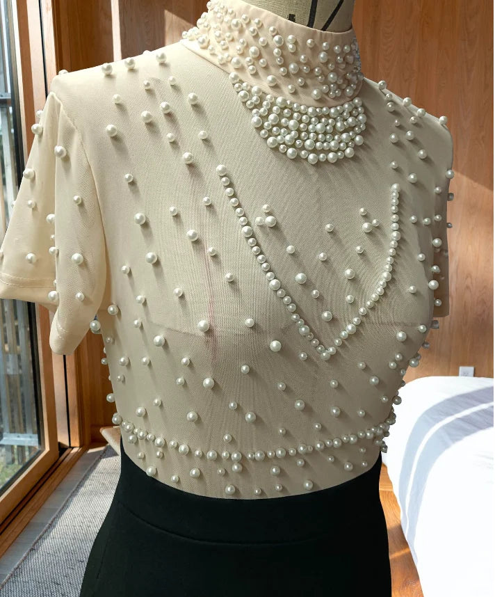 Women's Dress Elegant Formal Party Evening Dress Mesh Bubble Bead Spliced Short Sleeve Bodycon Wrap Hip Split Midi Dress