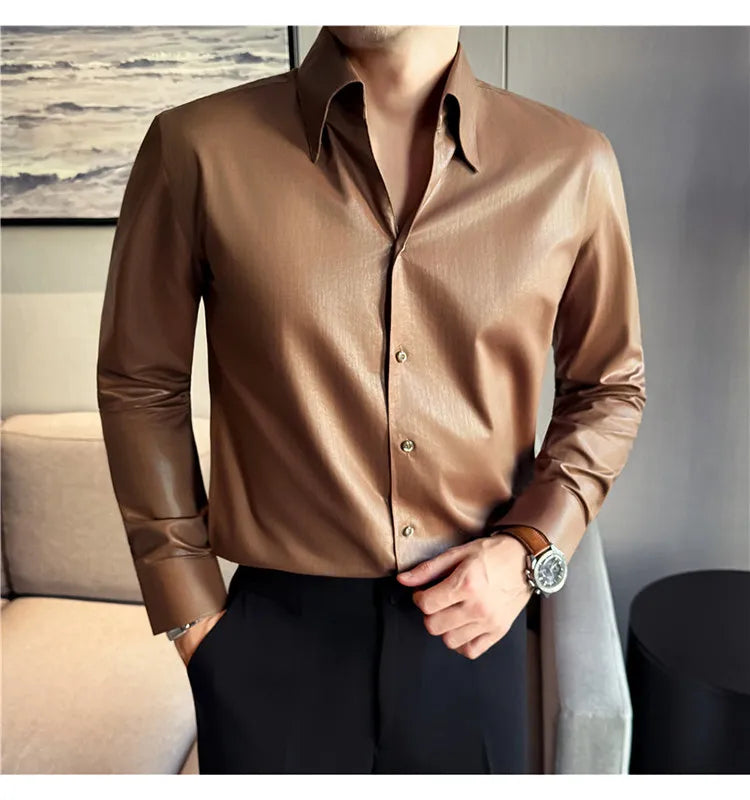 2026 Spring Fashion Big Collar Design Long Sleeved Shirt High Quality Men's Business Slim Fit Social Tuxedo Cotton Shirts