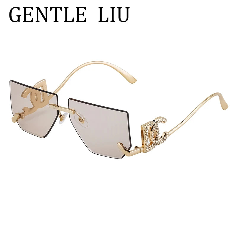 Óculos de sol quadrados sem aro punk femininos, armação de metal, design de marca de luxo, óculos retrô para mulheres, proteção UV400, 2025