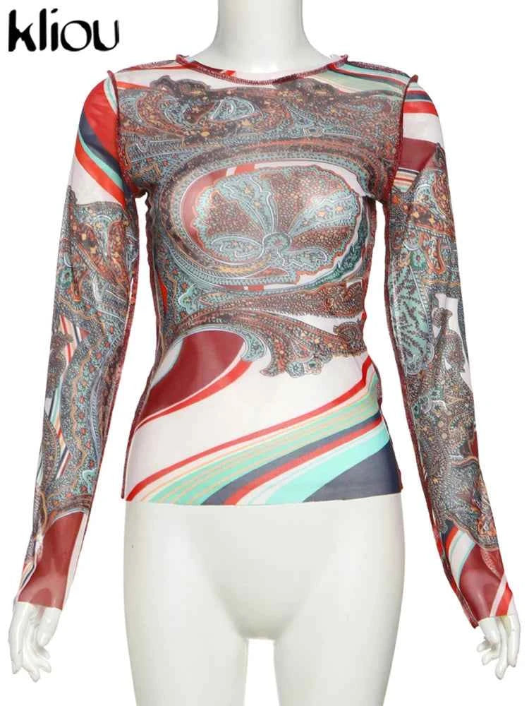 kliou Mesh Festival Printed Women T-shirts Autumn Hipster New Full Sleeve O-neck Skinny Crop Tees Female Thin Wild Streetwear