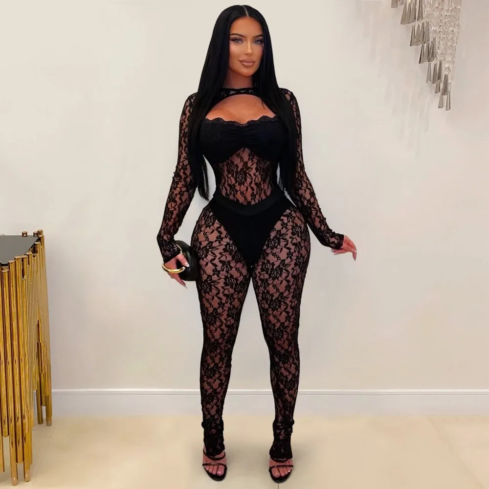 FLARORA Sexy Lace Hollow See Through Jumpsuits Woman O Neck Full Sleeve Peach Hip Slim Jumpsuit Midnight Party Clubwear Overalls