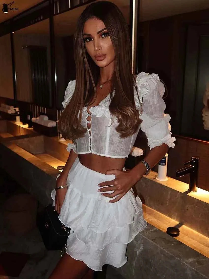 Oymimi Fashion White 2 Pieces Set For Woman Summer Peter Pan Collar Half Sleeve Button Crop Shirts And Pleated Mini Skirts Sets