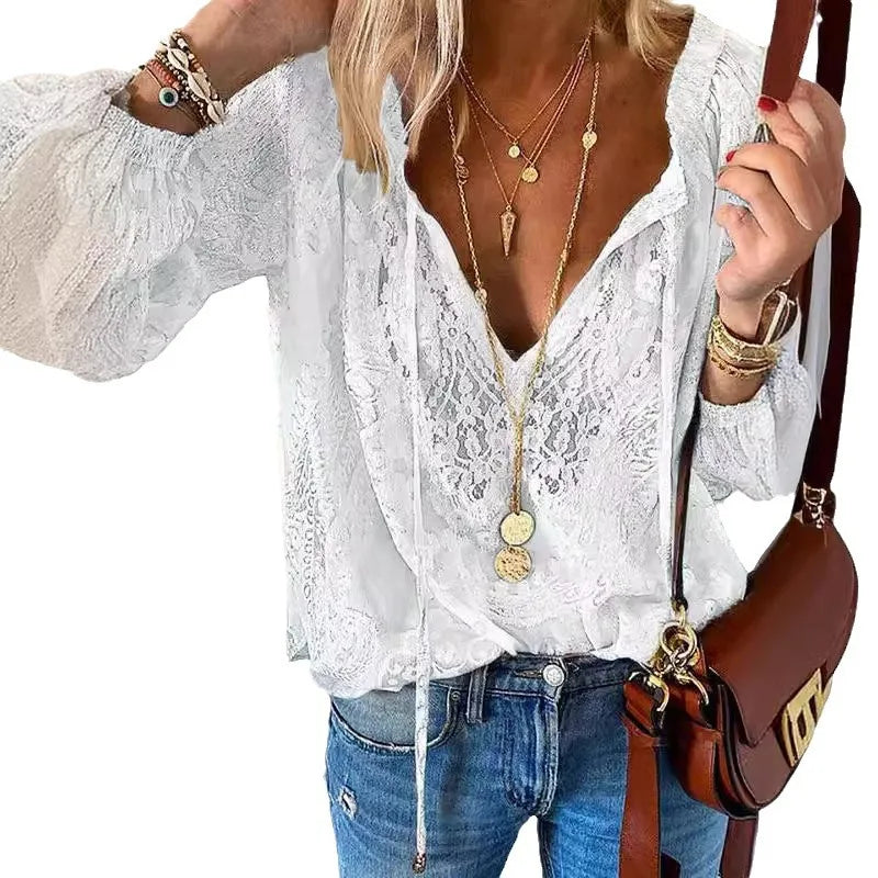 Blusas femininas 2025 Moda Primavera Verão Boho Renda Oco Decote Em V Profundo Pulôver Camisa Feminina Elegante Blusa Casual Tops Soltos