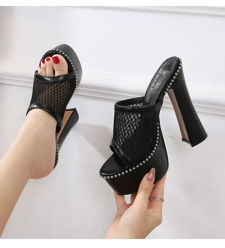 Women Mesh Lace Sandals  Summer Sexy High Heels Platform Slippers Ladies Fashion Bright Leather Comfort Open Toe Sandals