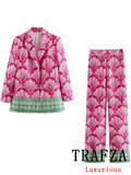 TRAFZA Vintage Chic Print Women Suit Single Breasted Slim Blazer Straight Loose Pants New Fashion 2024 Office Lady Sets