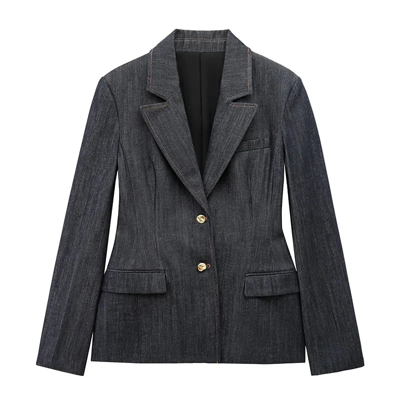 TRAFZA 2025 Conjunto de Blazer e Calça Jeans , Casaco Slim com Gola Redonda + Corpete com Decote em V + Jeans Feminino Vintage de Perna Larga