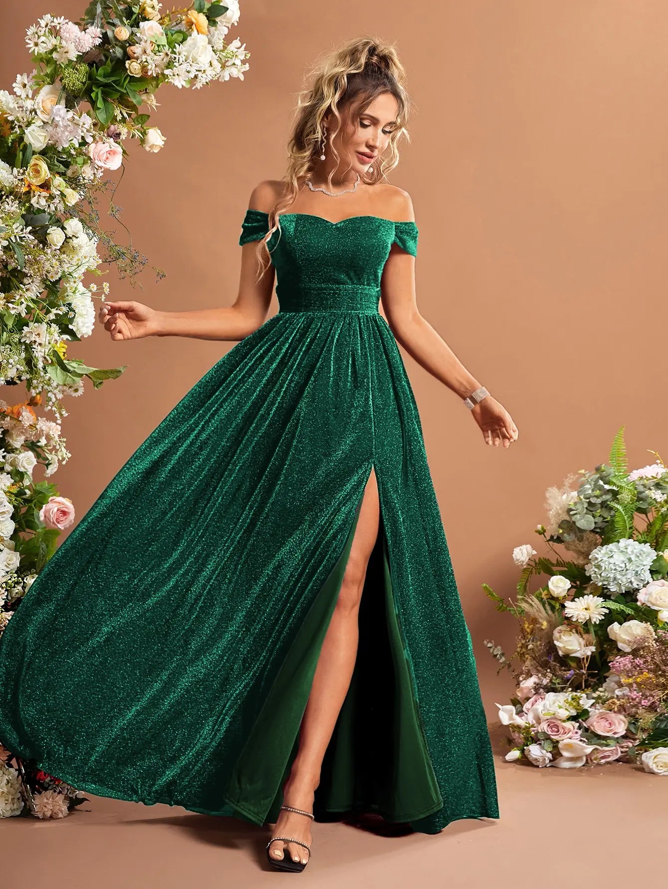 Off Shoulder Split Thigh Glitter Dress