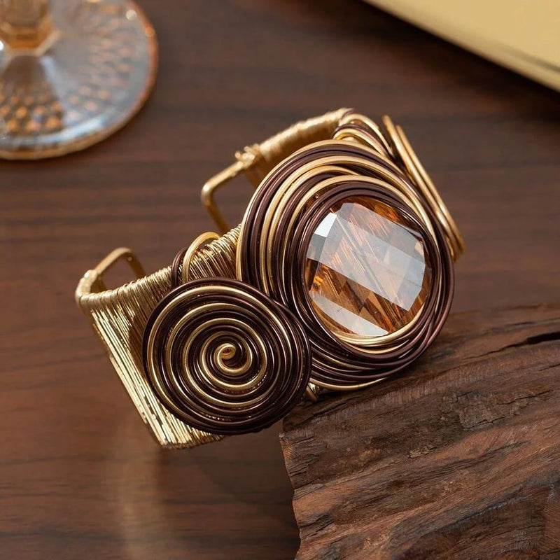 Exaggerated  Metal Wire Winding Cuff Bracelet Big Brown Rhinestone Heavy Metal Bracelet For Women Personality Jewelry