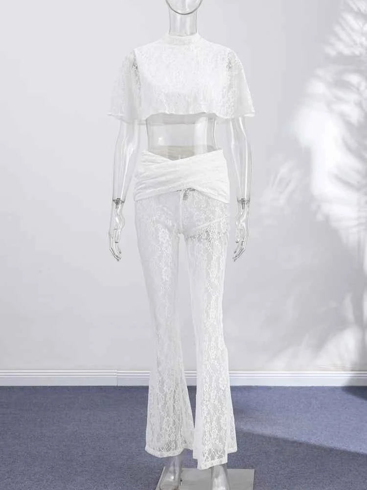 Women Floral Sheer Top Lace Two Piece Set High Neck Cape Sleeve Cropped High Waist Pants See-Through Flared Trousers Summer Wear