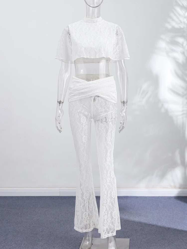 Women Floral Sheer Top Lace Two Piece Set High Neck Cape Sleeve Cropped High Waist Pants See-Through Flared Trousers Summer Wear