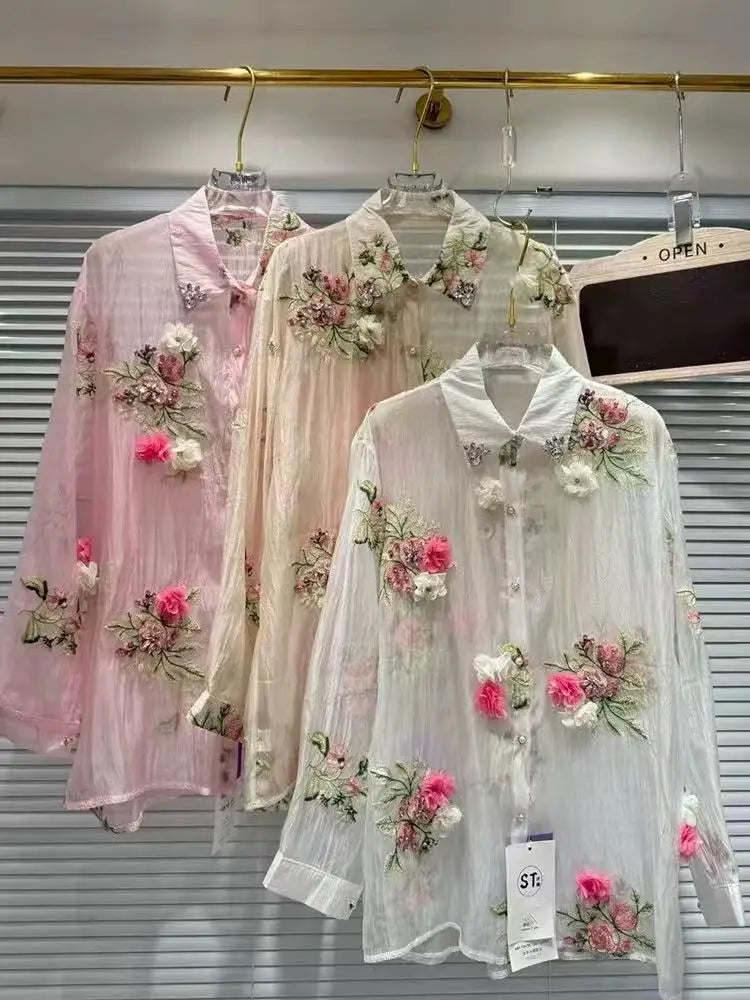 Luxury Design Summer Sparkle Diamonds Flowers Embroidery Party Shirts Blouses Women's Lightweight Sunscreen Top Woman Clothes