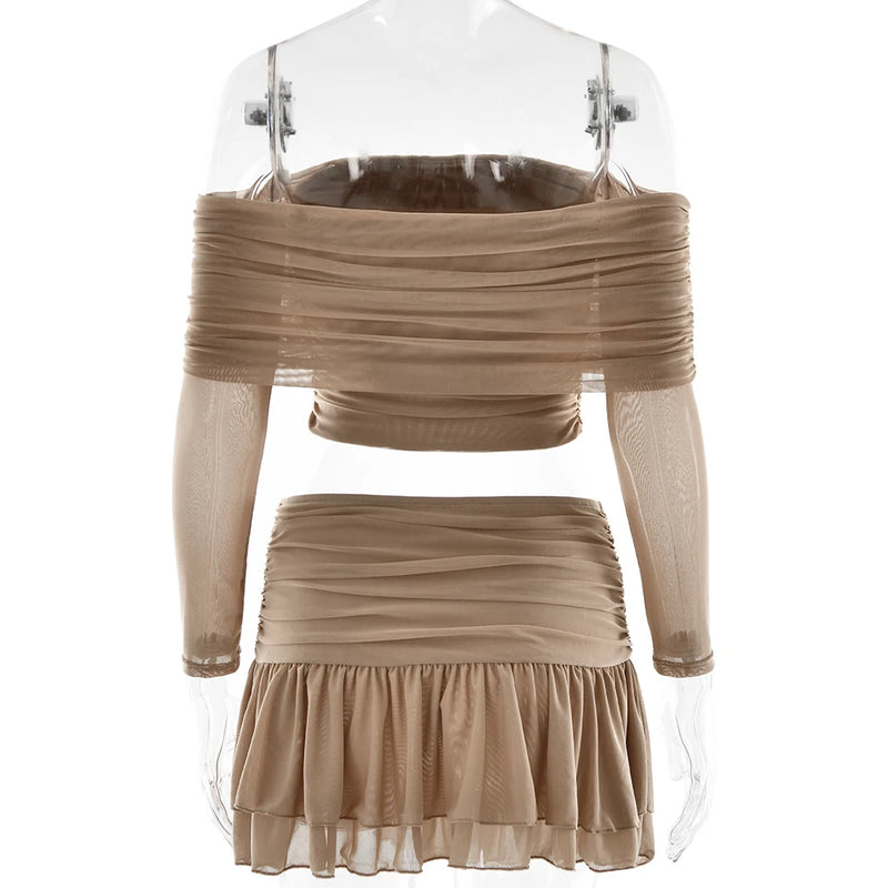 Fantoye Sexy Strapless Two Piece Sets Women Skirt Suit Khaki Long Sleeve Top Ruffle Skirt Female Spring Slim Elegant Skirt Sets