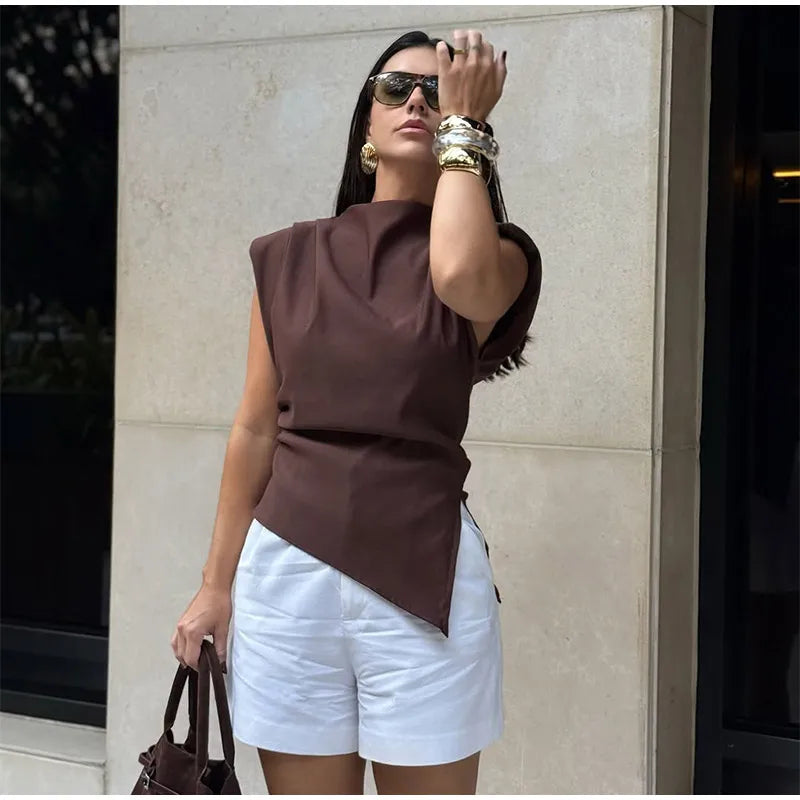 Vestido longo elegante com decote redondo e manga curta, moda feminina, liso, plissado, gaze, patchwork, 2025, novo, para escritório