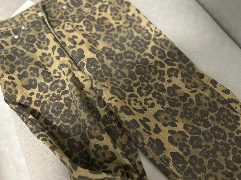 Calça jeans feminina americana retrô com estampa de leopardo, cintura alta, larga, casual, com bolsos, hip-hop, primavera/verão 2000, calça jeans pantera grande