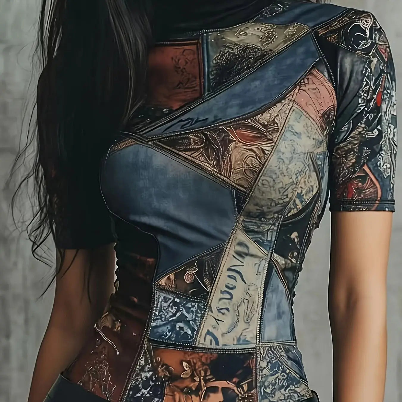 Fashionable women's abstract print stand collar short-sleeved top