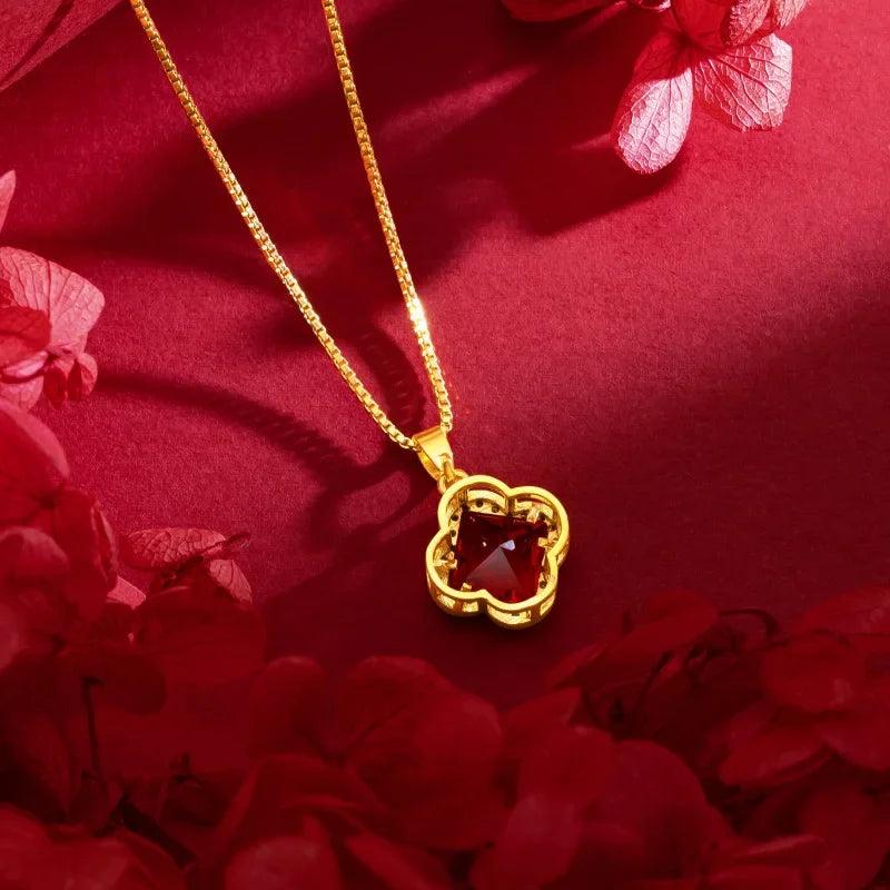 9999 real gold 24K yellow gold Light Luxury Micro Set Ruby Clover Necklace - CRAVO ROSE