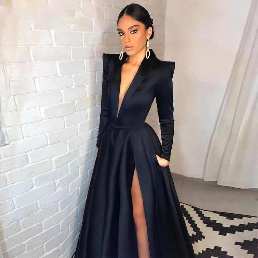 Lily Simple Black Long A Line Evening Dress Side Split V-Neck Long Sleeves Formal Prom Dress Arabic Dubai Party Gowns Customized