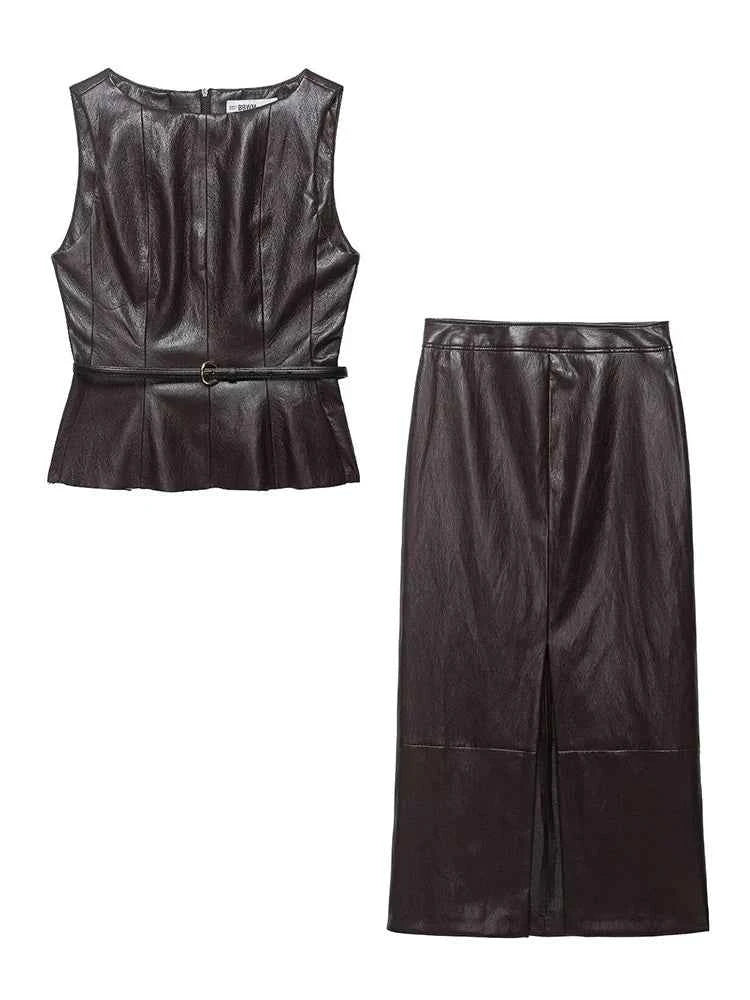 HH Vintage Women's Leather Suits 2026 Spring Summer Round Neck Belted Vest Top+Front Split Long Skirts Female Two-Piece Set