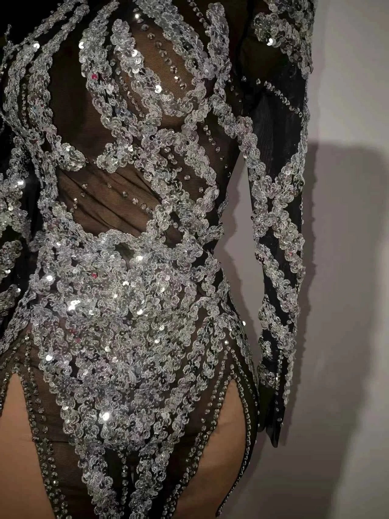 Sparkly Sequin Mesh See Through Mini Dress Women Celebrate Birthday Evening Party Nightclub Sexy Stage Performance Outfit