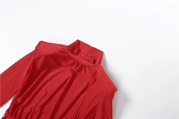 Weird Puss Elegant Shoulder Padded Dress Women Turtleneck Ruched Sexy Classic Office Commute Simple Peach Hip Slim Mini Bodycon