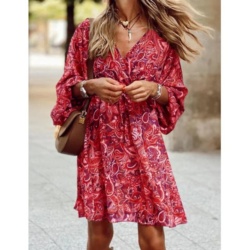 Vestido feminino com estampa floral, vintage, para trabalho, decote em V, elegante, plissado, paisley, manga bufante, babados, vestido casual