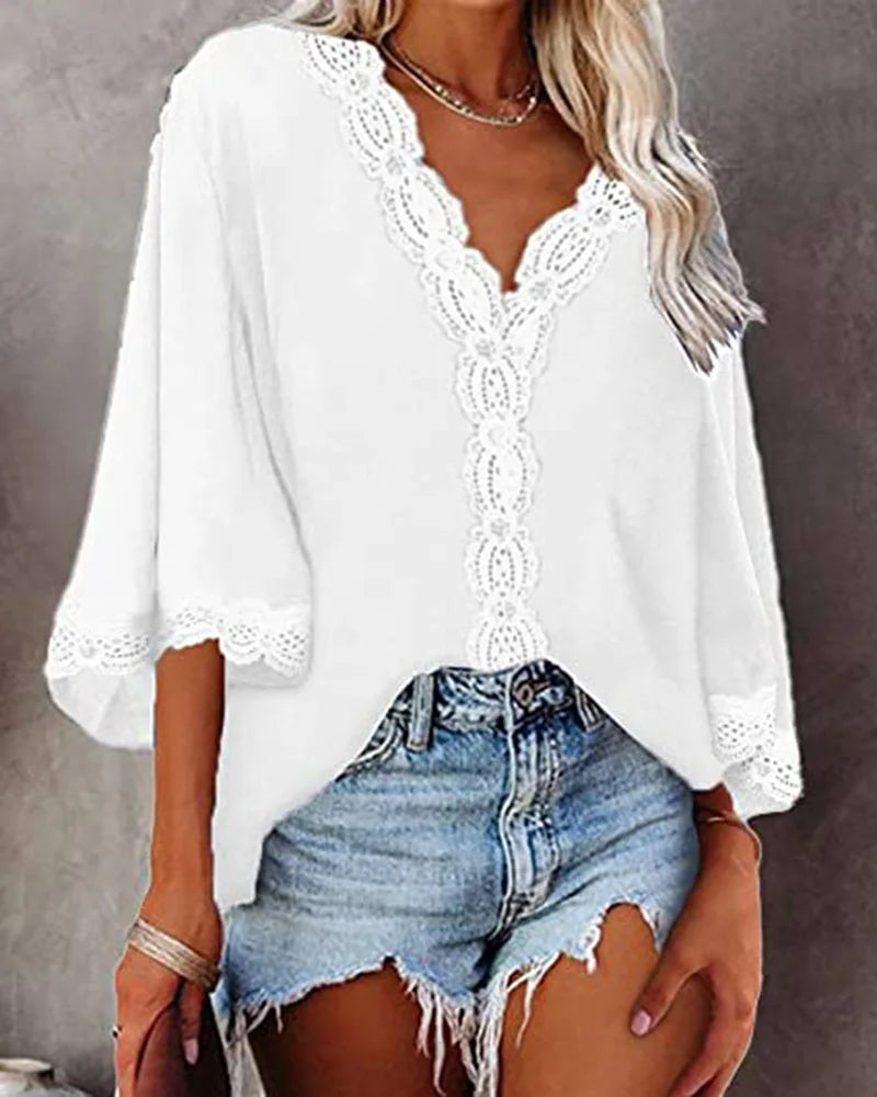 Blusa feminina de chiffon com costura de renda, decote em V, manga flare, blusa solta de verão, moda simples