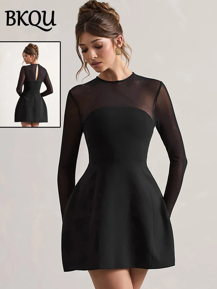 BKQU Elegant Solid Backless Mini Dress Women High Waist Fashion Long Sleeve Slim A-line Dresses 2024 Autumn Party Evening Dress