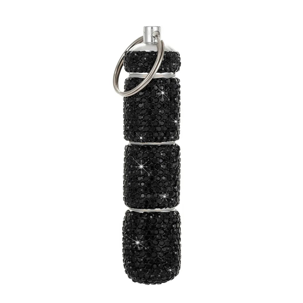 Porta-comprimidos portátil com strass (estilo "bling"), à prova d'água, pequeno e com chaveiro — Estojo fofo para guardar medicamentos.