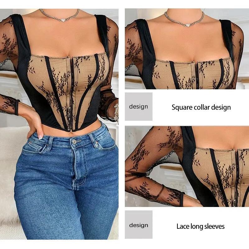 Women's Sexy Semi Transparent Long Sleeved Embroidered Lace Patchwork Hollow out Tight Fitting Design Square Neck Casual Top - CRAVO ROSE