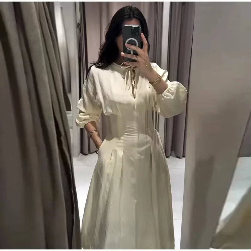 Women's Dress 2026 Summer New Beige Long-Sleeve Loose Tie-Decorated Long Dress Elegant and Graceful Beach Vacation
