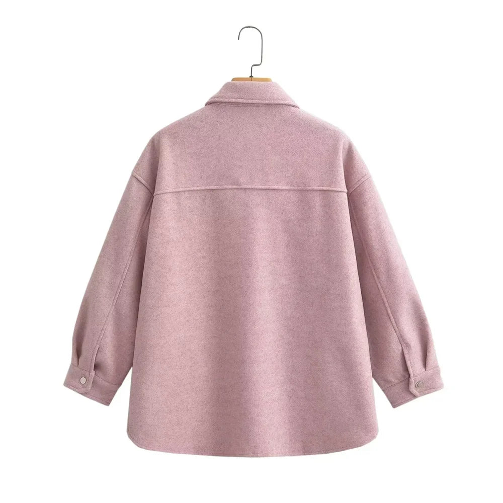 Casaco de lã feminino elegante e casual versátil de manga comprida e abotoamento simples