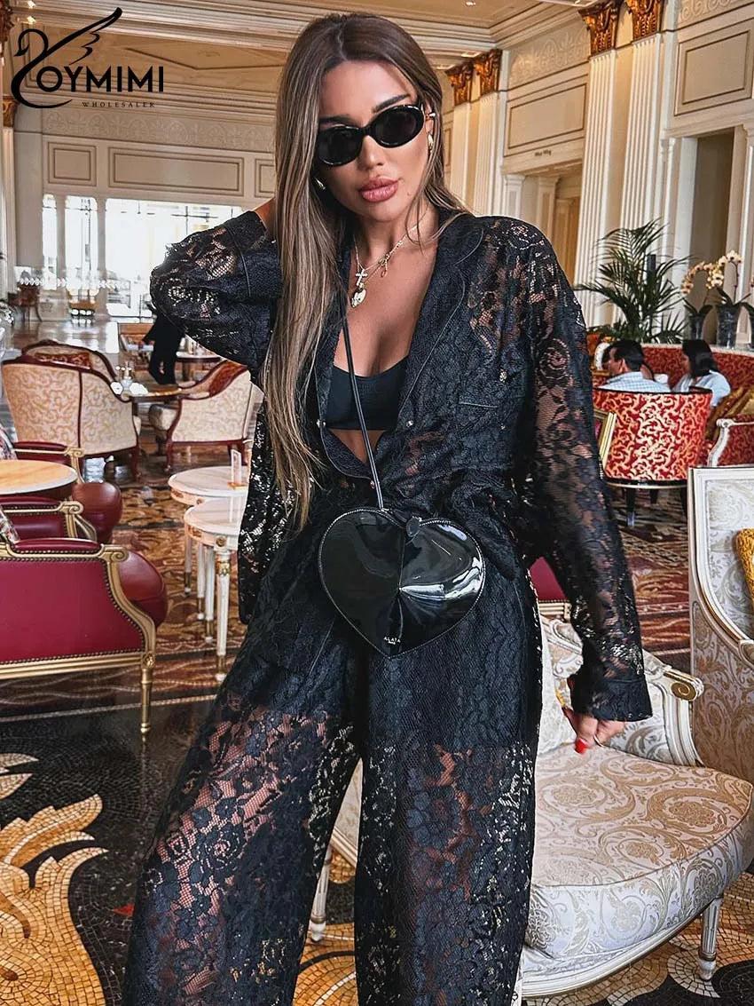 Oymimi Summer Pink Perspective Sets Womens 2 Piece Casual Long Sleeve Button Shirts And High Waist Straight Trousers Female Sets