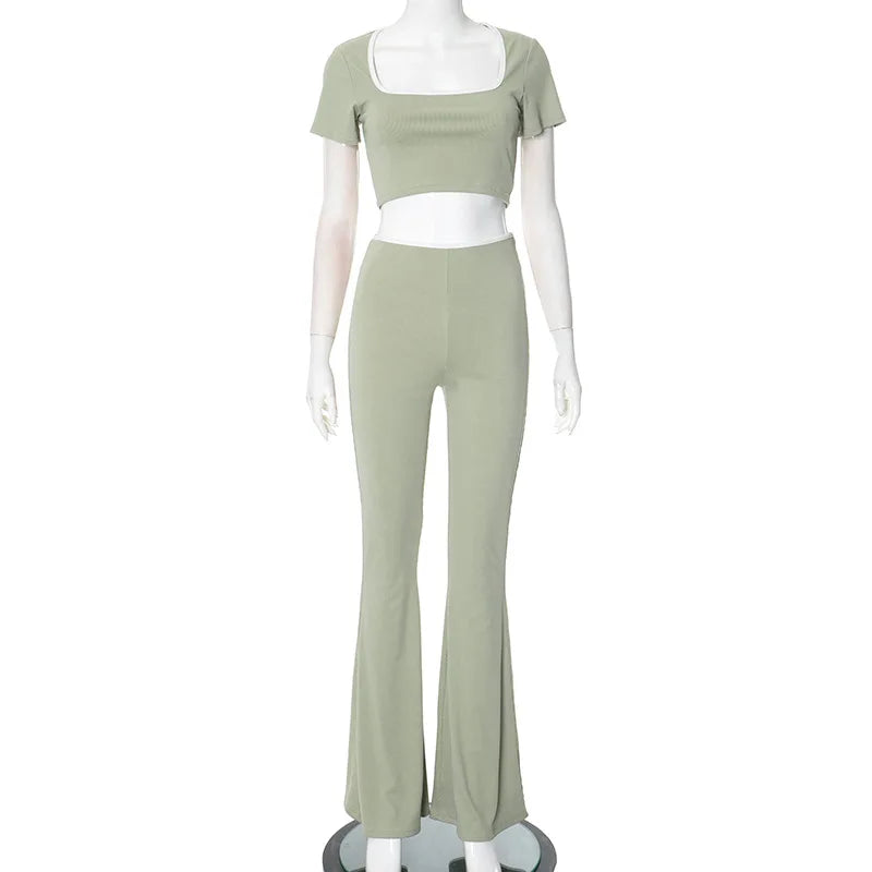 Women's Sexy Slim Set Fashion Short Sleeve Square Collar T Shirt Tops+High Waist Long Pants 2 Piece Sets For Female Streetwear